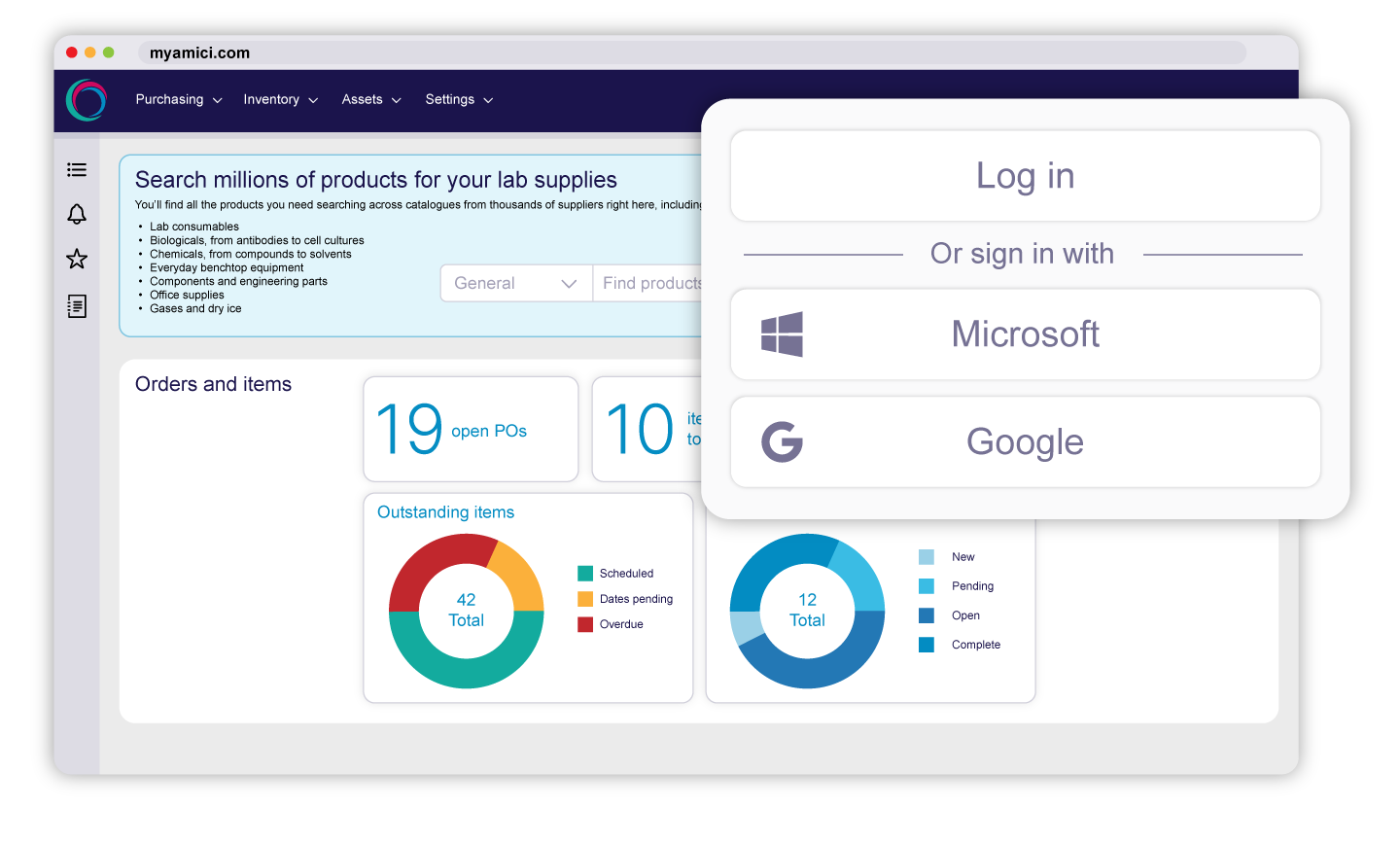 Dashboard in MyAmici showing how labs can order lab equipment through 1000's of suppliers