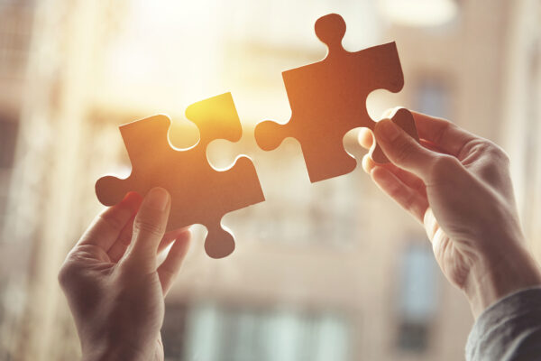 Two hands connecting puzzle pieces to symbolise a seamless procurement partnership.